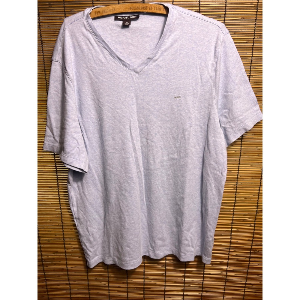 Michael Kors Mens XL Light Blue Heathered V-Neck Short Sleeve Logo T-Shirt A4
